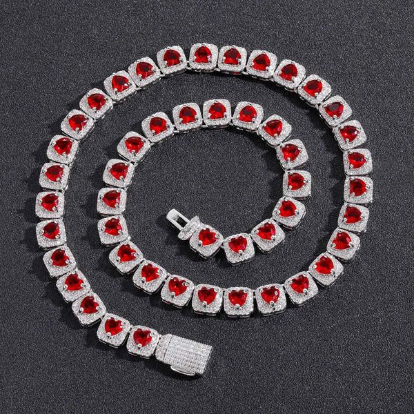10mm Heart Shaped Rock Sugar Chain Personalized Red Diamond Tennis Necklace with Heart CZ Hip Hop Style Fashion Chain for Women