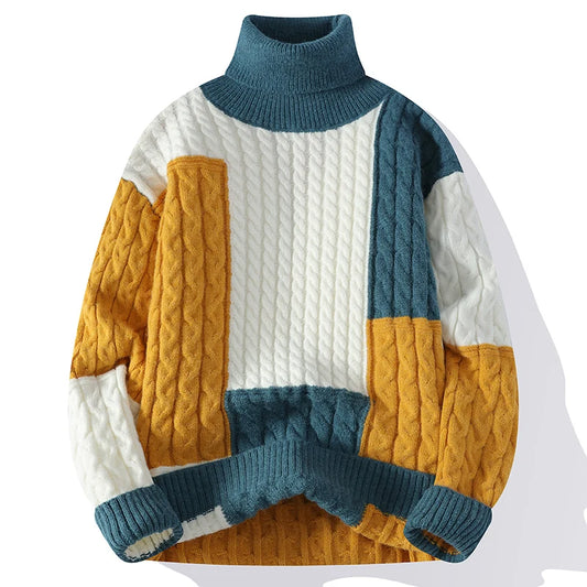 Winter New Contrast Color Turtleneck Sweaters Men's Thicken Warm Knitting Pullovers Loose Comfortable Casual Knitwear