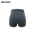 CM.YAYA 2025 Summer High Waist Denim Washed Vintage Women Shorts Skirts Belt Cargo Party Streetwear Classic A-Line Mini Shorts