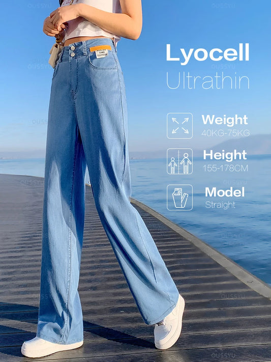 Brand Clothing Summer Soft Natural Lyocell Fabric Women's Jeans Thin Baggy Straight Denim Pants High Waist Casual Trouser Female