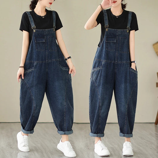 6223 Spring Fall Fashion Women's Multi Pocket Cargo Suspender Female Vintage Patchwork Blue Denim Overalls Casual Loose Jumpsuit
