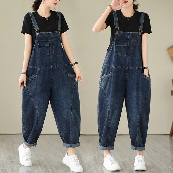 6223 Spring Fall Fashion Women's Multi Pocket Cargo Suspender Female Vintage Patchwork Blue Denim Overalls Casual Loose Jumpsuit