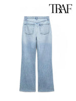 TRAF Women's Fashion Hole Decoration Jeans Blue Trousers Metal Zip Straight Leg Casual Streetwear High Waisted Jeans