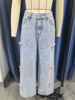 Women Jeans Wide Leg Pants Bow Washed High Waist 2025 Streetwear Denims Distressed Vintage Straight Ankle Length Trousers