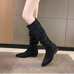 Vintage Women Knee High Boots Fashion Square Low Heel Shoes Concise Slip On Slim Long Botas De Mujer