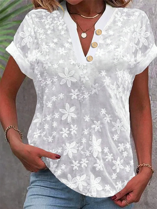 Summer Casual V-neck Shirt Blouse Women Fashion White Jacquard Short Sleeve Shirts Women 2024 Office Ladies Elegant Blouse Tops