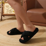 Women Corduroy Cross Strap Home Slippers Men Soft Warm Flat Slides Family Indoor Fashion Concise Plush Sandals For Four Seasons