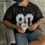 INCERUN Mesh Splicing Loose T-Shirts 2024 Men Short Sleeve Hollow Design Camiseta Casual Summer Digital Printing Oversize Tops