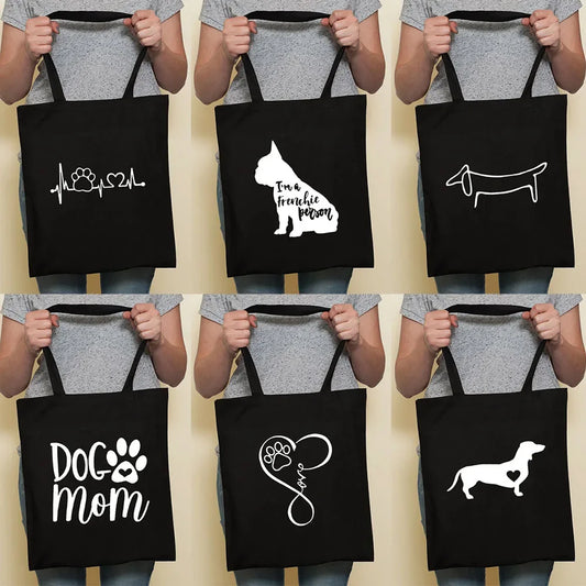 Cute Dog Harajuku Fashion Shopping Black Bags Canvas Tote Bag Bulldog Mom Dachshund Reusable Cloth Bag Handbag Shoulder Bags