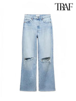 TRAF Women's Fashion Hole Decoration Jeans Blue Trousers Metal Zip Straight Leg Casual Streetwear High Waisted Jeans