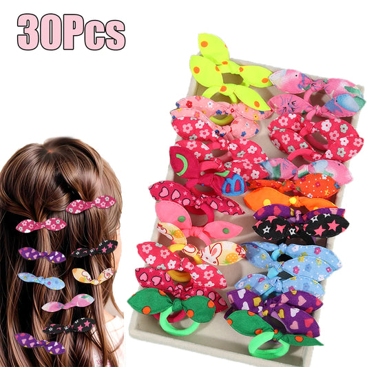 30Pcs Bunny Ears Elastic Hair Bands Cute Dot Flower Print Hair Tie For Baby Girls Random Color Mix Rope Kid Headwear Accessories