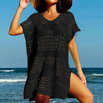 Knitting V-Neck Sexy Hollow Out Beach Bikini Cover-Ups Ladies Summer Vacation Casual Loose Beachwear Sunscreen Smock