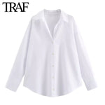 TRAF Women Fashion Spring Cotton Oxford Long Sleeve Single-breasted Lapel Blouse Street Clothing Shirt Chic Ladies Tops Mujer