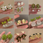 Korean Style Summer Fresh Small Green Bowknot Earrings Cute Zircon Flower Pearl Clip on Without Piercing for Women Party
