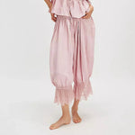 Combhasaki Women's Y2K Loose Fit Bloomers Cropped Pants Drawstring High Waist Floral Lace Patchwork Calf-Length Lantern Trousers