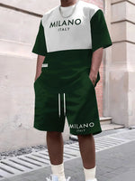 2025 New Summer Men's Letter Printed Comfortable and Breathable Round Neck T-shirt and Shorts Set Solid Color Colo Sportswear