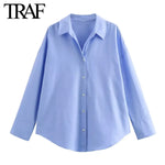 TRAF Women Fashion Spring Cotton Oxford Long Sleeve Single-breasted Lapel Blouse Street Clothing Shirt Chic Ladies Tops Mujer