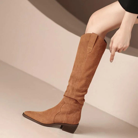 2024 New Leather Women Round Toe Platform Knee High Boots Knight Boots Female Autumn and Winter Chunky High Heels Boots Winter