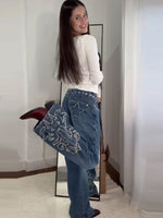 Vintage Women's Denim Jeans Pant With Studs Star Patches High Waist Wide Leg Trendy Streetwear Baggy Pants Casual Daily Trousers