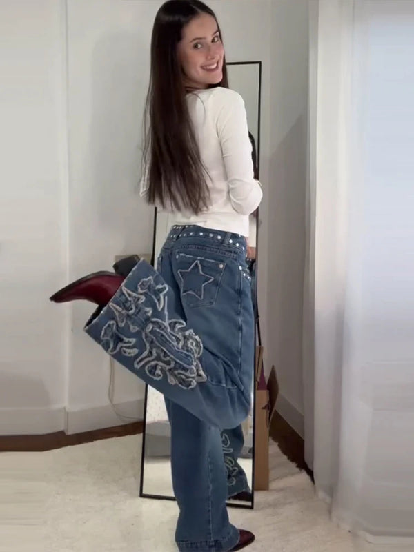 Vintage Women's Denim Jeans Pant With Studs Star Patches High Waist Wide Leg Trendy Streetwear Baggy Pants Casual Daily Trousers