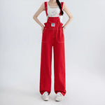 Jumpsuits Women Streetwear Red Denim Overalls Vintage Loose Casual Wide Leg Pants High Waist Strap Straight Jeans Trousers New