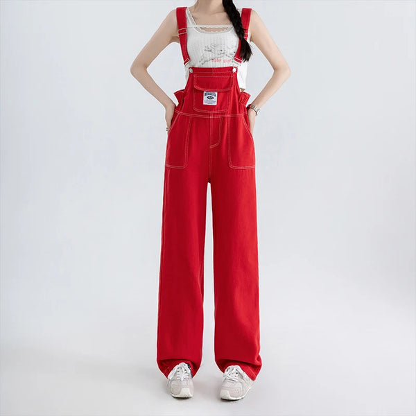 Jumpsuits Women Streetwear Red Denim Overalls Vintage Loose Casual Wide Leg Pants High Waist Strap Straight Jeans Trousers New