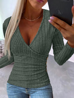 Autumn Women V Neck Button Long Sleeve Knitted Pullover T-shirt Tops SZE-ST23285