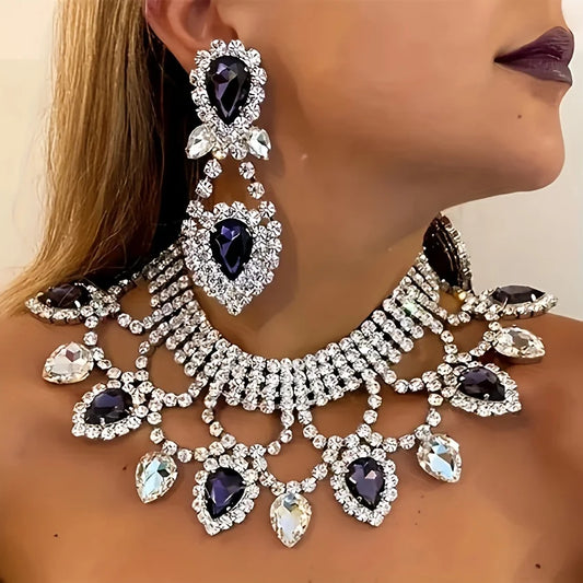 Fashionable ladies' exaggerated and exquisite handmade rhinestone necklace earring set, bride's dance dress jewelry accessories