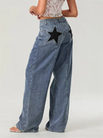 Women Fashion Jeans Star Pattern Loose Denim Pants Spring Fall Casual Low Waist Trousers Wide Leg Pants