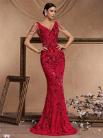 Elegant Deep V-Neck Red Sequin Formal Evening Dresses Women 2024 Beading Wedding Party Mermaid Cocktail Prom Gown