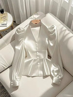French Elegant Women's Shirt Luxury Waist Cinched White Satin Long Sleeve Shirt for Women Temperament Women's Elegant Blouses