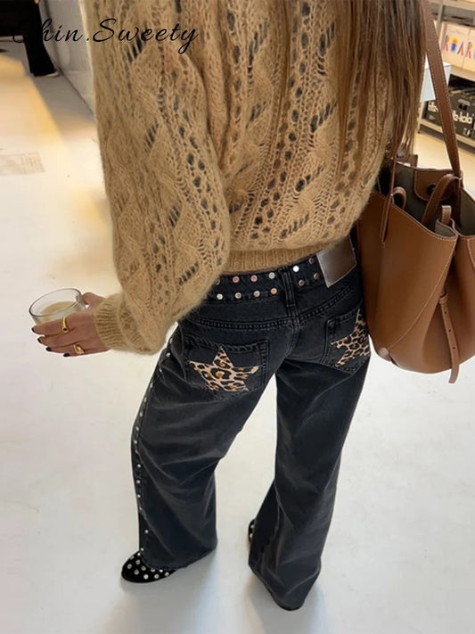 Fashion Beading Star Leopard Patchwork Jeans Women Pockets Low Waist Straight Denim Trousers 2025 Autumn Lady Streetwears New