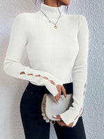 New Spring Women Fold Turtleneck Long Cut out Pearls Sleeve Pull Sweater Casual Rib-Knit Jumper Tops Female Y2K Clothing