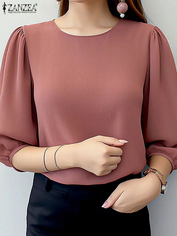 ZANZEA Elegant Women Puff Sleeve Blouses 2025 Summer 3/4 Sleeve O Neck Crinkled Texture Blusas Fashion Solid Color Tunic Tops