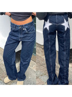 HOUZHOU Y2k Vintage Star Pattern Jeans Women Harajuku Loose Straight Denim Pants American Retro Baggy Street Aesthetics Trousers
