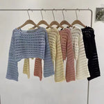 Fishnet Crochet Top Long Sleeve Crop Pullover Women Summer Cover Up Open-knit Blouse Y2K Grunge Outfit