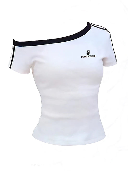 Summer 100% Cotton White Off shoulder Top Women Sport Casual Body Short sleeve T shirt Female Sexy Basic Tees Korean