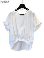 ZANZEA Women Fashion Shirring Hem Blouses 2024 Summer O Neck Short Sleeve Casual Blusas Mujer Stylish Slit Back Solid Shirt Tops