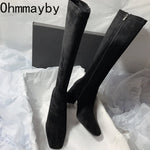 Autumn Winter Elastic Slimming Women Sock Loots Fashion Female Square Toe Thick Heel Knee High Booties
