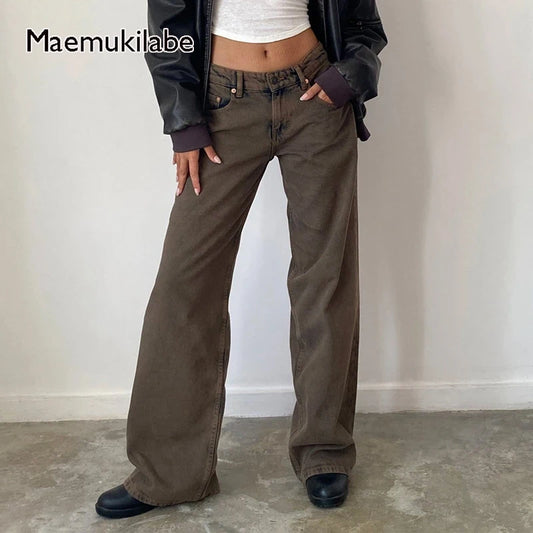 Maemukilabe Women Y2K Aesthetic Low Rise Baggy Jeans Loose Fit Boyfriend Straight Wide Leg Denim Pants Trendy Stretch Trousers