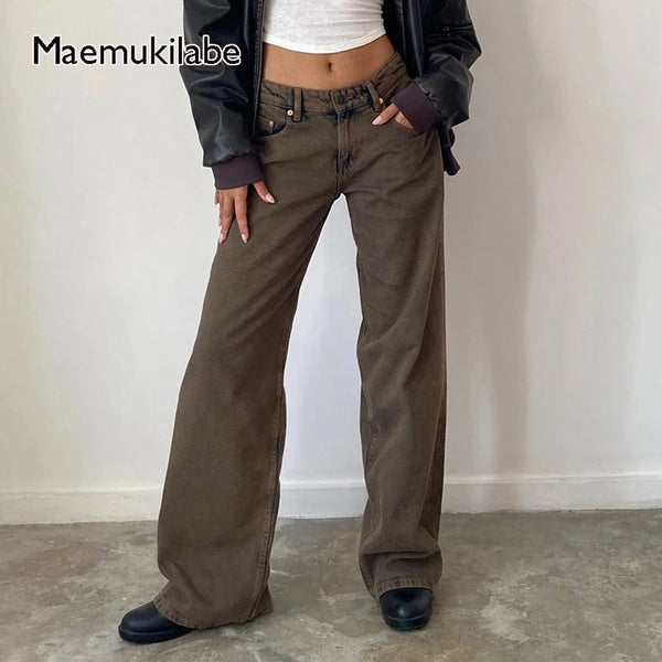 Maemukilabe Women Y2K Aesthetic Low Rise Baggy Jeans Loose Fit Boyfriend Straight Wide Leg Denim Pants Trendy Stretch Trousers