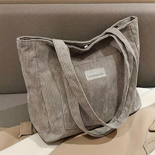 Women Corduroy Shoulder Tote Bag, Casual Large Capacity Handbag for Going Out Machine Washable with Fixed Strap Polyester Lining