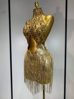 Women Birthday Party Rhinestones Tassels Transparent Short Dress Dance Show 2025 New Sexy Fashion Gold Sparkly Stage Costume