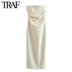 TRAF Women Fashion Summer New Sexy Split Back Zip Pleated Sleeveless Strapless Dress Chic Female French Elegant Evening