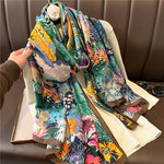 2022 Fashion Brand Women Silk Scarf Luxury Dark Green Aztec Floral Pashmina Shawls Wrap Soft Foulard Femme Muslim Hijab 180*90Cm
