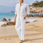 Men's Retro Cotton And Linen Set, Spring And Autumn Fashion Stand-up Collar Pocket Long Pants Long-sleeved Two-piece set