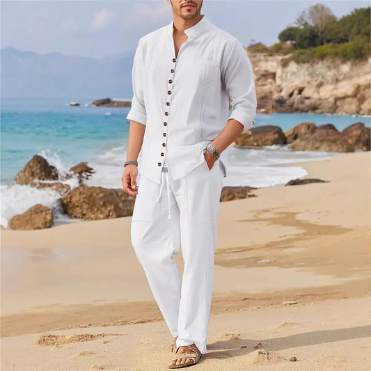 Men's Retro Cotton And Linen Set, Spring And Autumn Fashion Stand-up Collar Pocket Long Pants Long-sleeved Two-piece set
