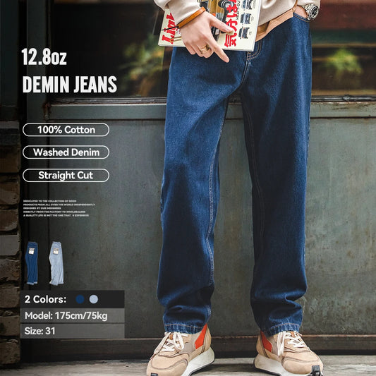 Maden Washed Denim Jeans 12.8 oz Retro Loose Straight Trousers Baggy Pants Oversize 28-38 Fashion Men’s Clothes 2 Colors
