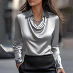 All-match Satin Finish Shirts And Blouses Women Clothing Print Top Casual Long Sleeve Button Elegant Shirts French Solid Blouses