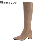 Autumn Winter Elastic Slimming Women Sock Loots Fashion Female Square Toe Thick Heel Knee High Booties